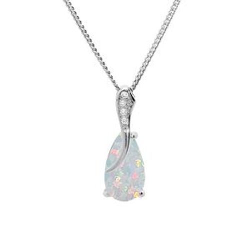 Collier Argent Rhodié Pendentif Opale Blanche Imitation Et Oxydes Blancs Sertis 42+3cm
