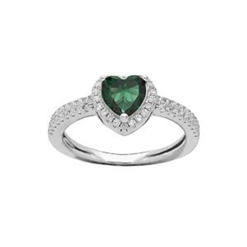 Bague Argent Rhodié Coeur 6mm Oxyde Vert Contour Et Rail Oxydes Blancs Sertis