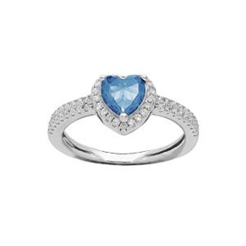 Bague Argent Rhodié Coeur 6mm Oxyde Bleu Ciel Contour Et Rail Oxydes Blancs Sertis