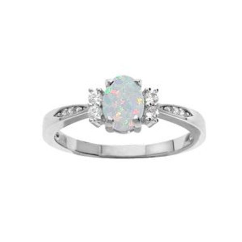 Bague Argent Rhodié Opale Blanche Imitation Et Oxydes Blancs Sertis