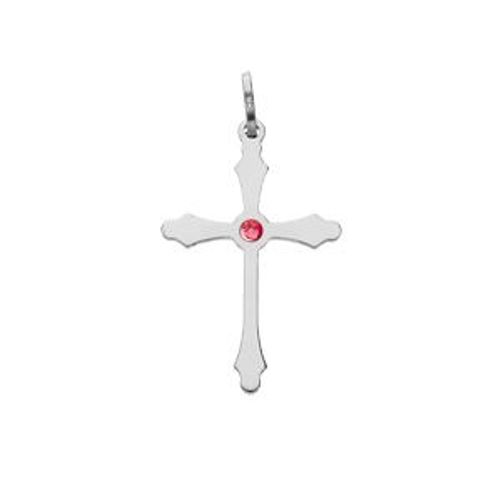 Pendentif Argent Rhodié Croix Diamanté Oxyde Rouge