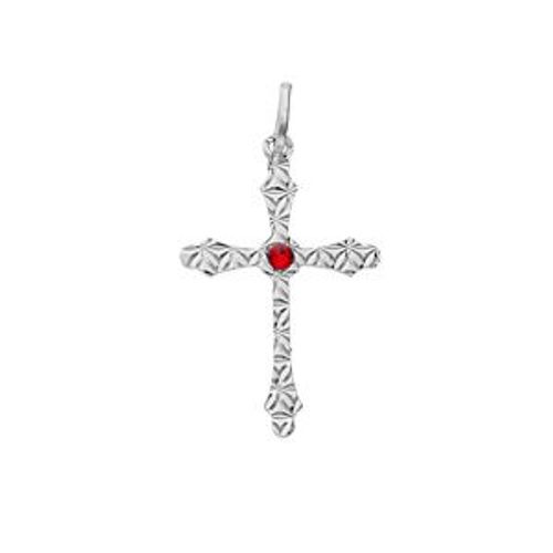 Pendentif Argent Rhodié Croix Diamanté Oxyde Rouge