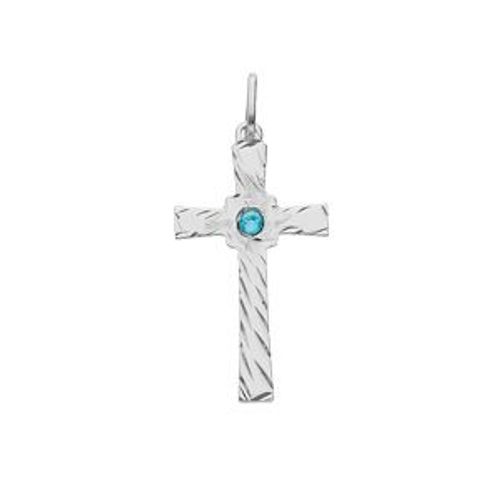 Pendentif Argent Rhodié Croix Diamanté Oxyde Bleu Ciel