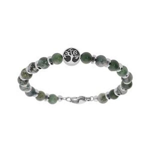 Bracelet Acier Boules Jaspe Véritable Vert Avec Arbre De Vie 18+3cm