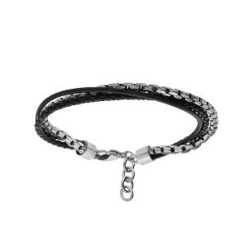 Bracelet Acier 3 Rangs 2 Fils Imitation Cuir Noir 19+2cm