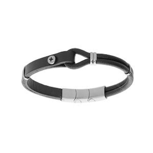 Bracelet Acier Et Cuir Bovin Noir Boucle Et Vis 20cm + 1cm Double Fermoir
