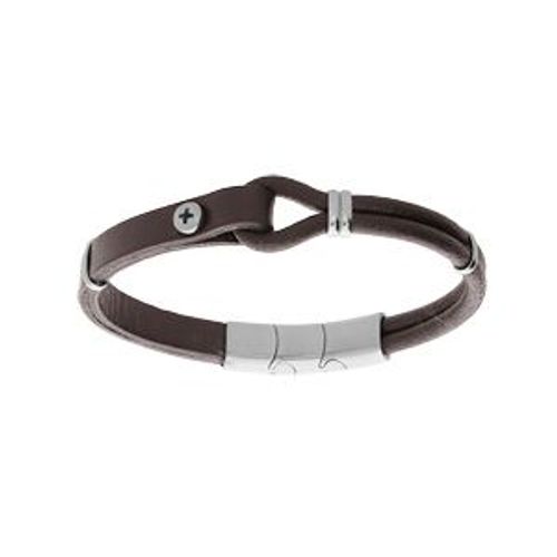 Bracelet Acier Et Cuir Bovin Marron Boucle Et Vis 20cm + 1cm Double Fermoir