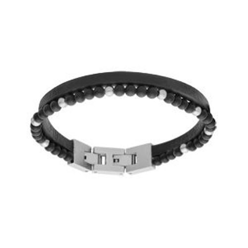 Bracelet Acier Double Cuir Bovin Noir Et Perles Onyx 19cm + 1.5cm Double Fermoir