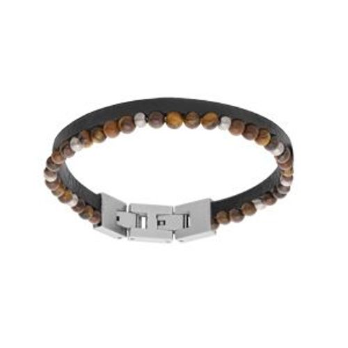 Bracelet Acier Double Cuir Bovin Marron Et Perles Oeil De Tigre 4.80mm 19cm + 1.5cm Double Fermoir
