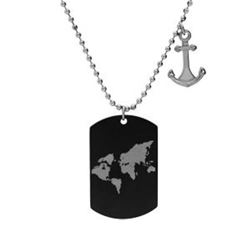 Collier Acier Pendentif Ancre Et Plaque Pvd Noir Globe Trotter 55+10cm