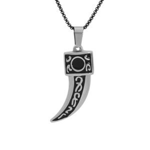 Collier Acier Patiné Pendentif Dent De Requin Résine Noire 50cm + 5 + 5cm