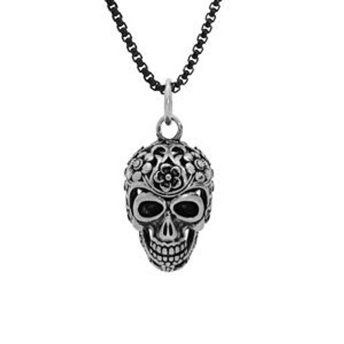 Collier Acier Patiné Pendentif Tête De Mort 50cm + 5 + 5cm