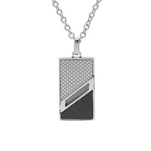 Collier Acier Pendentif Rectangulaire Croisillons Câble Et Pvd Noir 50+5cm