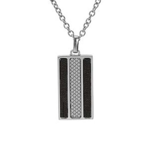 Collier Acier Pendentif Rectangulaire Croisillons Et Aspect Bois Noir 50cm + 5cm