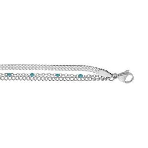 Bracelet Acier 3 Rangs Avec Boules Turquoise Imitation 16,5+3cm