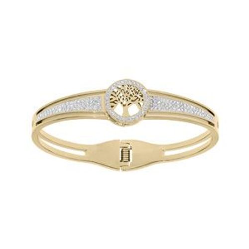 Bracelet Acier Et Pvd Jaune Rigide Articulé Arbre De Vie Avec Résine Et Strass Diamètre 58mm