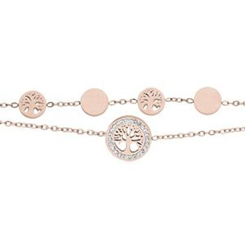 Bracelet Acier Et Pvd Rose 2 Rangs Pastilles Avec Arbre De Vie 17+3cm