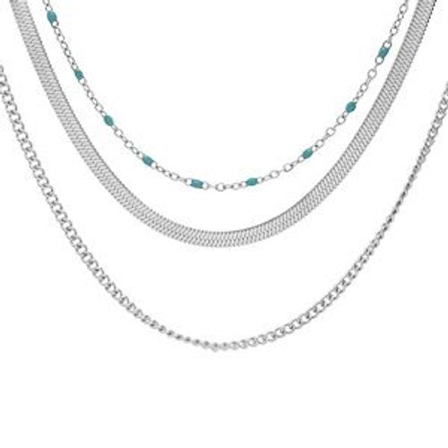 Collier Acier 3 Rangs Avec Boules Turquoise Imitation 42+4cm