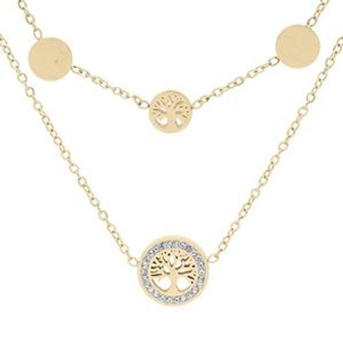 Collier Acier Et Pvd Jaune 2 Rangs Pastilles Avec Arbre De Vie 40+5cm