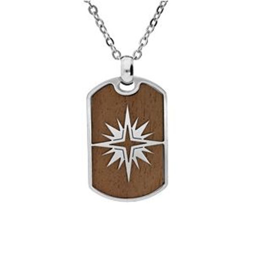 Collier Acier Pendentif Rectangulaire Bois Motif Soleil 50+5cm