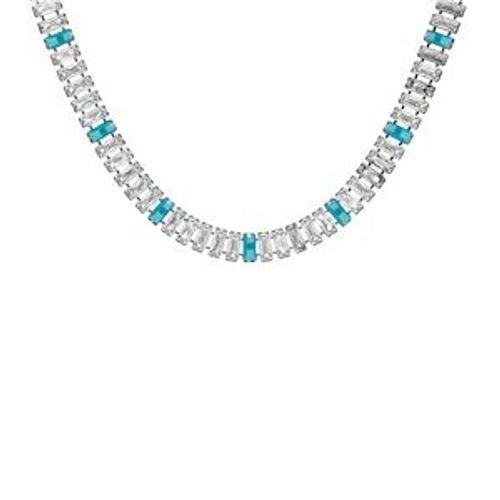 Collier Acier Oxydes Blancs Et Bleu Ciel Sertis Double Fermoir 44cm Réglable 40cm