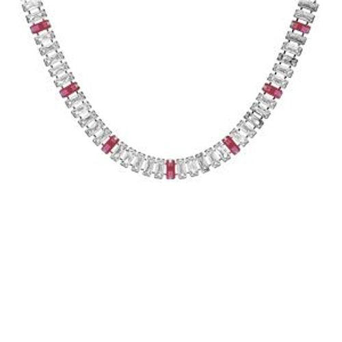 Collier Acier Oxydes Blancs Et Rouge Sertis Double Fermoir 44cm Réglable 40cm