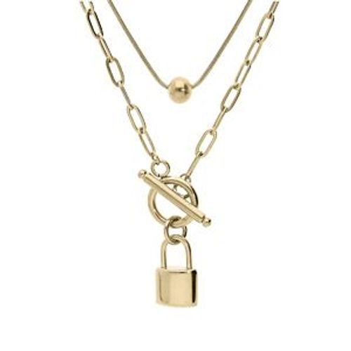 Collier Acier Et Pvd Jaune Double Rang Avec Boule Et Pendentif Cadenas 44cm