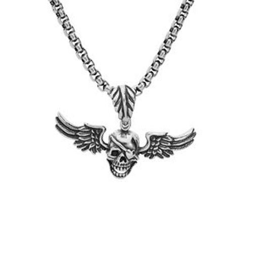 Collier Acier Patiné Pendentif Tête De Mort Avec Ailes 50cm + 5 + 5cm
