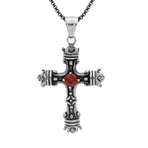 Collier Acier Pendentif Croix Patiné Oxyde Rouge Serti 50cm + 5 + 5cm
