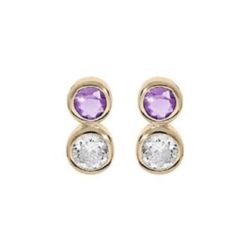 Boucles D'oreilles Tige Plaqué Or 2 Oxydes Violet Et Blanc Serti