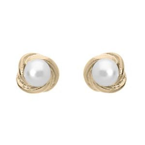 Boucles D'oreilles Tige Plaqué Or Puce Torsadée Perle De Culture D'eau Douce Blanche