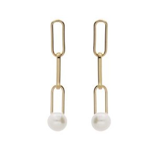 Boucles D'oreilles Tige Plaqué Or 3 Mailles Rectangulaire Perle De Culture D'eau Douce