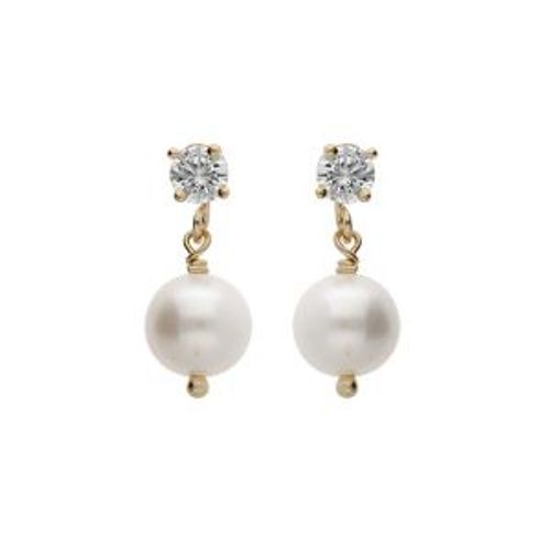 Boucles D'oreilles Tige Plaqué Or Oxyde Blancs Serti Et Pampille Perle De Culture D'eau Douce