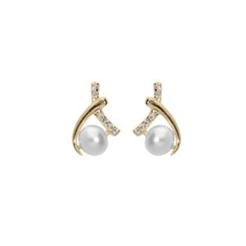 Boucles D'oreilles Tige Plaqué Or Perle De Culture D'eau Douce Blanche Et Oxydes Blancs Sertis