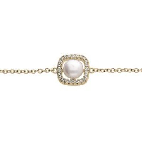 Bracelet Plaqué Or Carré Oxydes Blancs Avec Perle De Culture D'eau Douce Blanche 16+3cm
