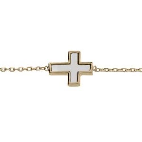 Bracelet Plaqué Or Croix Nacre Blanche 18cm Réglable 16cm