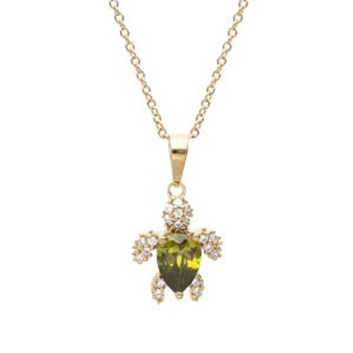 Collier Plaqué Or Pendentif Tortue Oxyde Vert Et Blancs 42+3cm