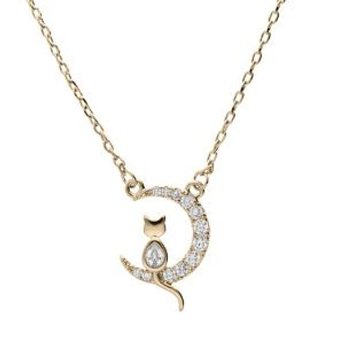 Collier Plaqué Or Pendentif Lune 10mm Avec Chat Oxydes Blancs Sertis 40+4,5cm