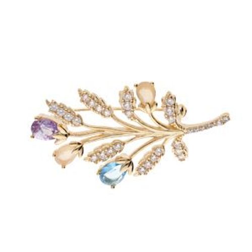 Broche Plaqué Or Feuillage Oxydes Couleurs Pastels Et Blancs Sertis