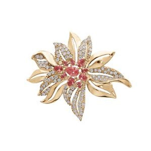 Broche Plaqué Or Fleur Oxydes Fuschia Et Blancs Sertis