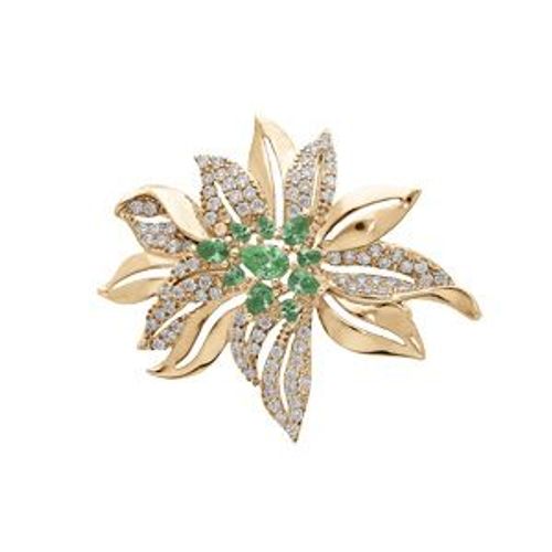 Broche Plaqué Or Fleur Oxydes Verts Et Blancs Sertis