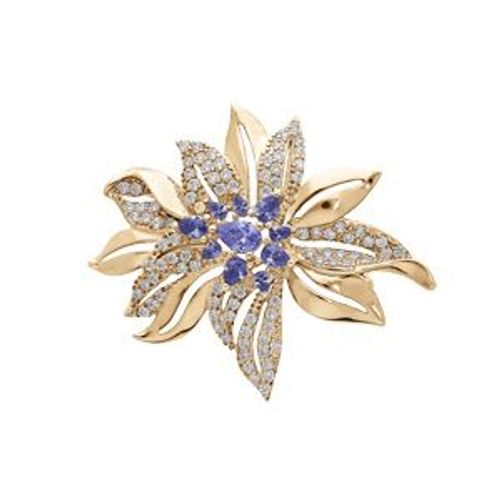 Broche Plaqué Or Fleur Oxydes Bleus Et Blancs Sertis