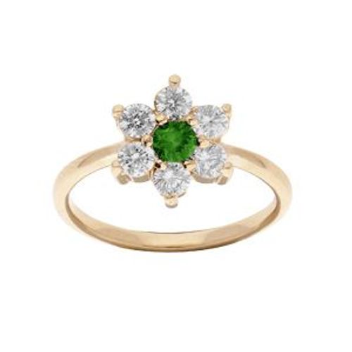 Bague Plaqué Or Marguerite Oxydes Centre Vert Et Contour Blancs Sertis