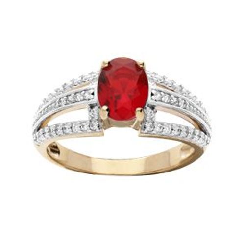 Bague Plaqué Or Grand Diamètre Oxyde Central Rouge Et 3 Rails Oxydes Blancs Sertis