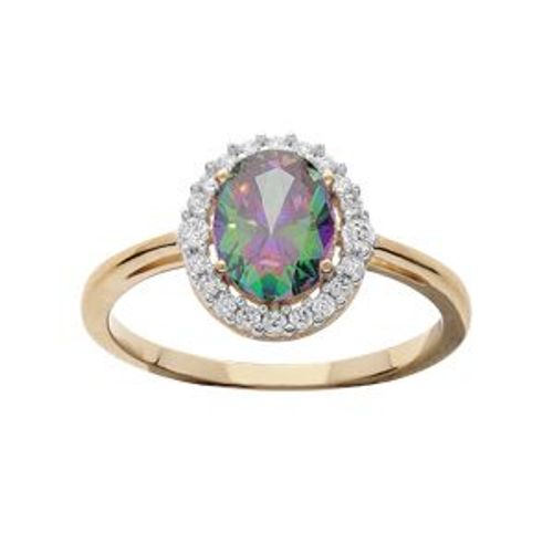 Bague Plaqué Or Grand Diamètre Centre Oxyde Petrol Arc En Ciel Et Contour Oxydes Blancs Sertis