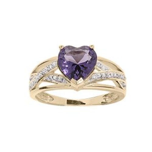 Bague Plaqué Or Grand Diamètre Oxyde Violet Forme Coeur Et 2 Rails Croises Oxydes Blancs Sertis