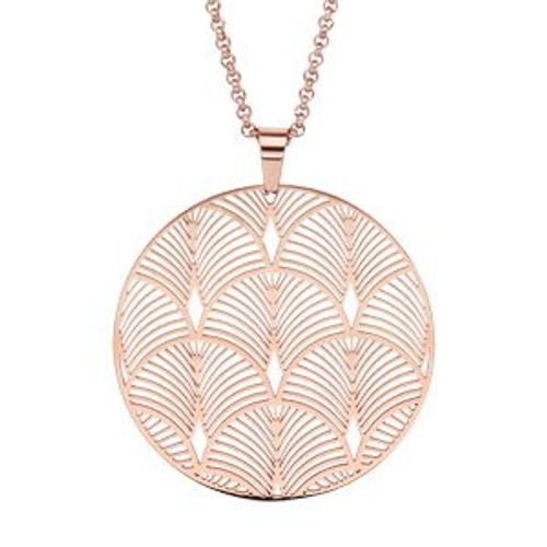 Collier Acier Et Pvd Rose Pendentif Rond "Plume De Paons" 42+4cm