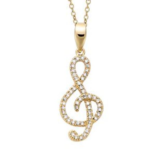 Collier Plaqué Or Pendentif Clef De Sol Oxydes Blancs Sertis 40+4cm