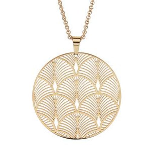 Collier Acier Etv Pvd Jaune Pendentif Rond "Plume De Paons" 42+4cm