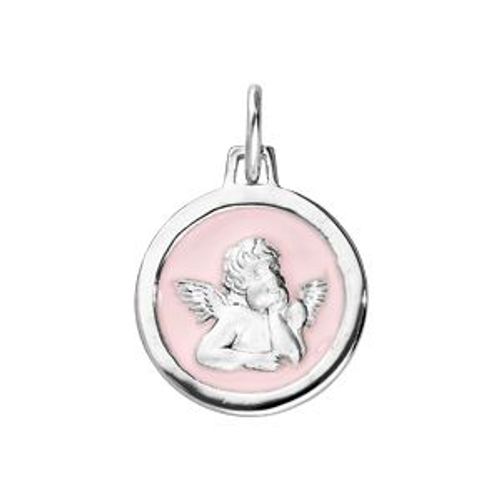 Pendentif Argent Rhodié Ovale Ange Sur Fond Résine Rose Pale